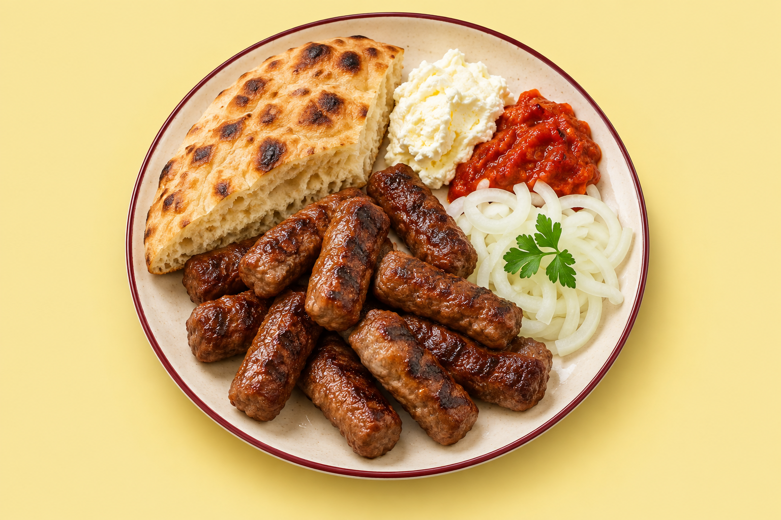 Ilustracija balkanskog tanjira: ćevapi, lepinja, kajmak, ajvar i luk